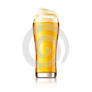 Beer with foam in a glass goblet, golden lager beer