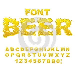 Beer font. Yellow liquid ABC. Flowable typography. Alcoholic alp