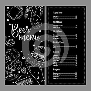 Beer and food menu design template with list of drinks and dishes. Two pages. Hand drawn outline vector sketch illustration