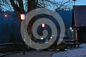 Beer garden countryside at night, autumnal atmosphere