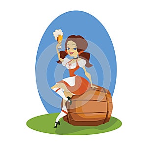 Beer girl in dirndl on keg with pretzel pinup