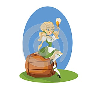 Beer girl in dirndl on keg with pretzel pinup