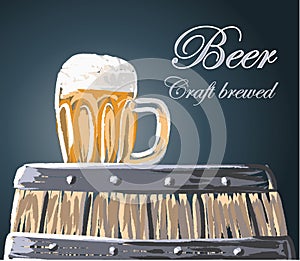 Beer glass and barrel, craft brewed, vector, illustration.