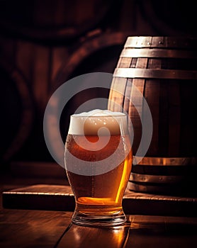 Beer glass and barrel on dark wooden table, black background