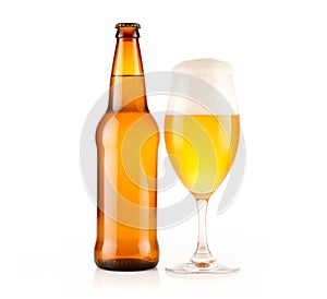 Beer in glass and beer bottle on a white background. Mugs with drink like Ipa, Pale Ale, Pilsner, Porter or Stout