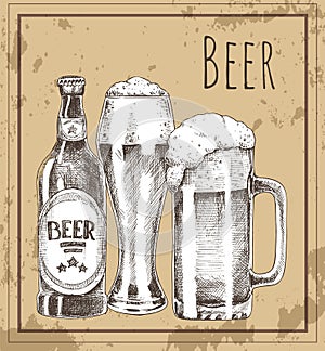 Beer Glass, Bottle and Mug Vintage Promo Poster