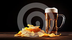 Beer glass and chips, crisps shot on dark background. A full glass of light beer Lager or Pilsner stands on a wooden