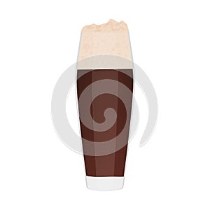 Beer glass, clear tall cup of dark brown beer with froth for party in pub