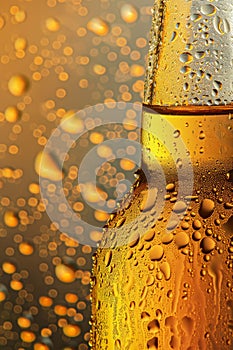Beer Glass Condensation Texture Background, Cold Wine Bottle Mockup, Golden Bubbles