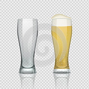 Beer glass cups. Empty transparent mug and full mug, realistic 3D beer pint. Vector tall drink glass on transparent