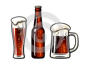 Beer glass, dark bottle and big mug with foam and bubbles. Vector illustration isolated on white background