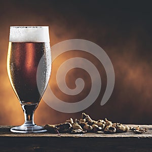 Beer glass with dark cold beer with drops of water and peanuts o