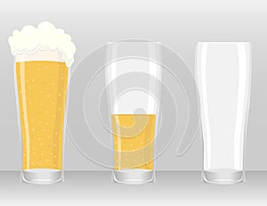 A beer glass, an empty and full beer glass. A glass of beer.