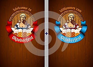 Beer Glass Foam Oktoberfest Girl Waitress Wood Background Flyer Copyspace