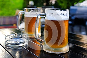 Beer in a glass glass glass, bubbles rise. On the background of green foliage glass with Golden drops.