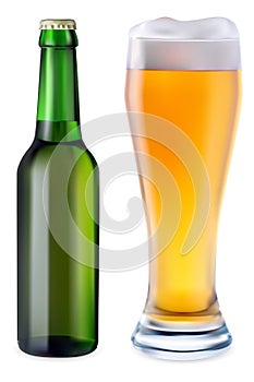 Beer in glass and green bottle of beer