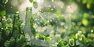 beer glass green bottles close up stand in hop and dry and wet plants craft