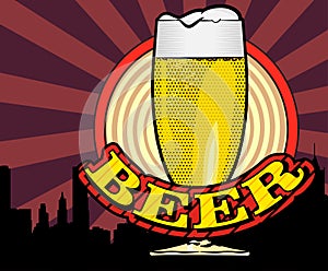 Beer glass and halftone dots background. Vector image.