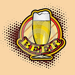 Beer glass and halftone dots background. Vector image.