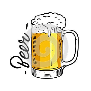 Beer glass hand drawn vector illustration and lettering. Oktober fest sing