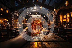 A Beer Glass Held In Hand Against A Rustic Backdrop. Generative AI