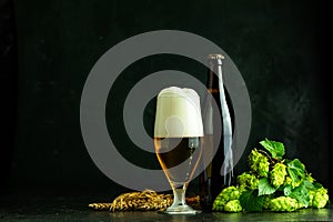 Beer glass, Hop Cones and Wheat on dark background