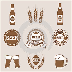 Beer glass and label icons set. Symbol, emblem and menu design elements for restaurant, pub or cafe. Vector illustration with beer