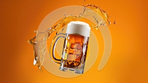 Beer glass and liquid splashed in the air isolate on the background. A full glass of light beer Lager or Pilsner