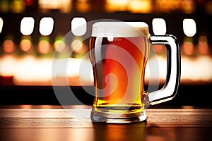 Beer in a glass mug with blur bar background, Generative AI
