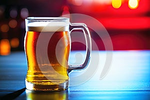 Beer in a glass mug with blur bar background, Generative AI