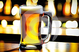 Beer in a glass mug with blur bar background, Generative AI