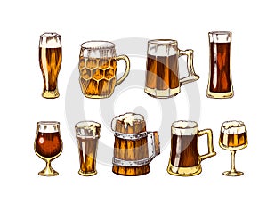 Beer glass, mug or bottle of oktoberfest. engraved in ink hand drawn in old sketch and vintage style for web, invitation