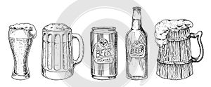 Beer glass, mug or bottle of oktoberfest. engraved in ink hand drawn in old sketch and vintage style for web, invitation