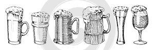 Beer glass, mug or bottle of oktoberfest. engraved in ink hand drawn in old sketch and vintage style for web, invitation