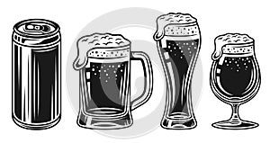 Beer glass, mug and can vector black objects set