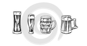 Beer glass, mug of oktoberfest. Engraved in ink hand drawn in old sketch and vintage style for web, invitation to party