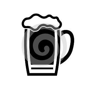 Beer in glass mug, pint alcohol with foam, black empty icon. Cold relax drink on holiday, in bar. Minimal simple design