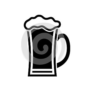 Beer in glass mug, pint alcohol with foam, black empty icon. Cold relax drink on holiday, in bar. Minimal simple design