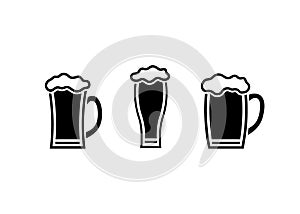 Beer in glass mug, pint alcohol with foam, black empty icon set. Cold relax drink on holiday, in bar. Minimal simple
