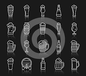 Beer glass mug simple white line icons vector set