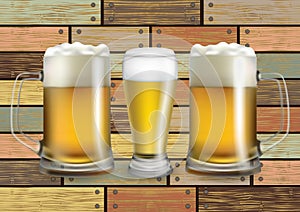 Beer glass and mugs on wood background