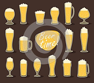 Beer in glass (pint of beer) flat icon set,
