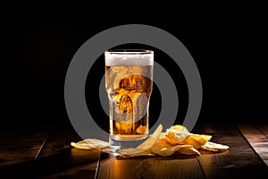 Beer glass and potato chips on wood table with dark background. AI generated