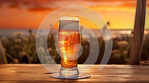 Beer glass publicity shot on sunset background in blur. A full glass of light beer Lager or Pilsner stands on a coaster