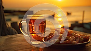 Beer glass and shrimps publicity shot on sunset background and see. A full glass of light beer Lager or Pilsner stands