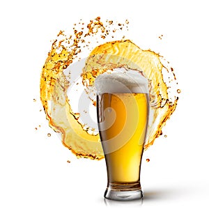 Beer in glass with splash isolated on white