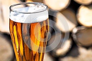 Beer glass and timber.In the rays of sunlight. Close-up