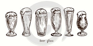 Beer glass types, schooner, weizen, Willi Becher willybecher, pilstulpe, pilsner and stemmed pokal. Ink black and white doodle