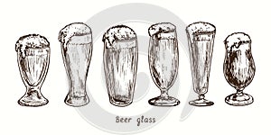 Beer glass types, schooner, weizen, Willi Becher willybecher, pilstulpe, pilsner and stemmed pokal. Ink black and white doodle photo