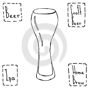 Beer Glass Weizen Type. Hand Drawn Vector Illustraition.